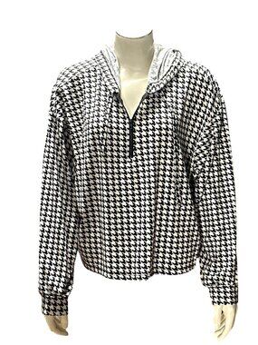 Full Circle Trends XLarge Black White Houndstooth Zip Front Hoodie Relaxed Retro